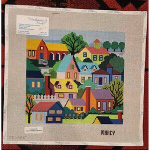 Hand-painted Needlepoint Canvas Colorful Village Scene By Marcy 10.5 x 10.5 desi